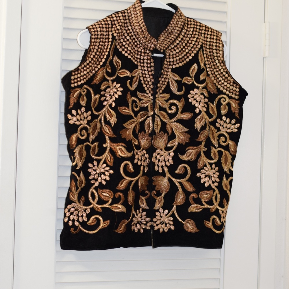 NWOT Black Top with Gold Oriental Embroidery